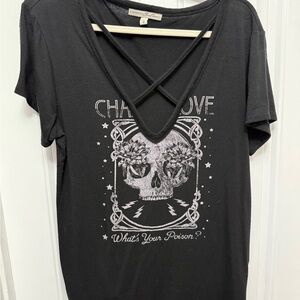 Express one eleven Black Graphic Tee with Skull Design Cross Hatch Neck